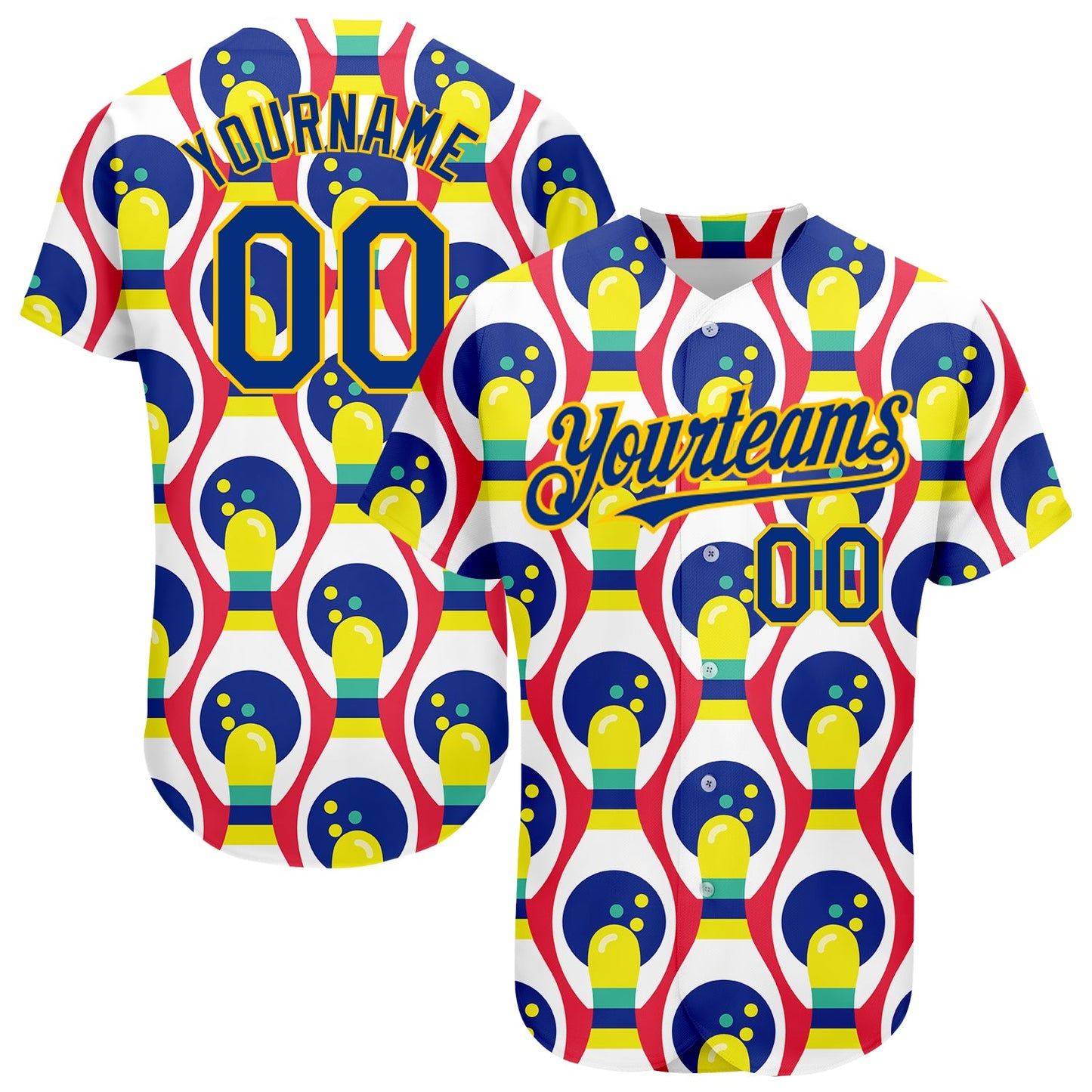 Custom White Royal-Yellow 3D Pattern Design Bowling Authentic Baseball Jersey - Main View