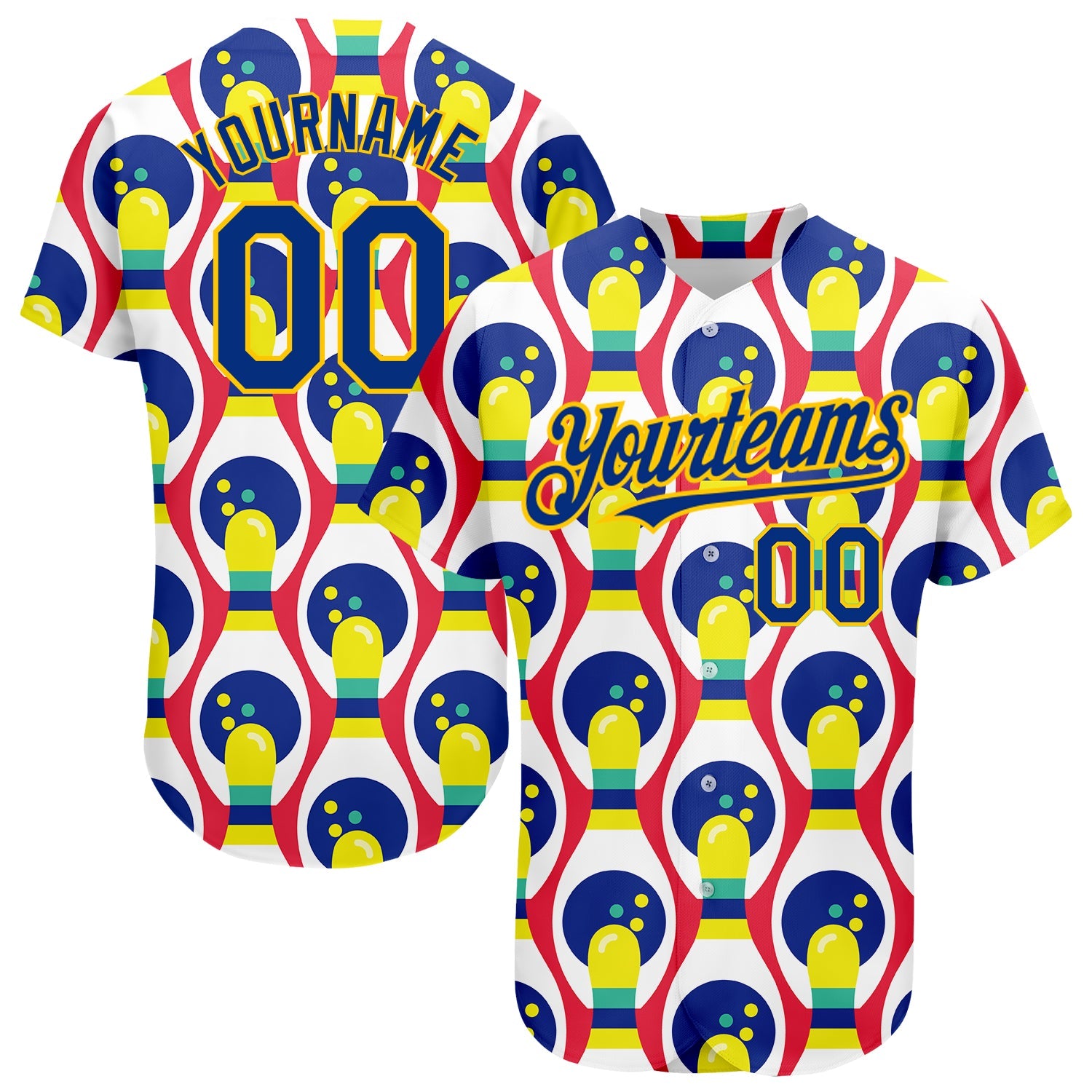 Custom White Royal-Yellow 3D Pattern Design Bowling Authentic Baseball Jersey - Main View