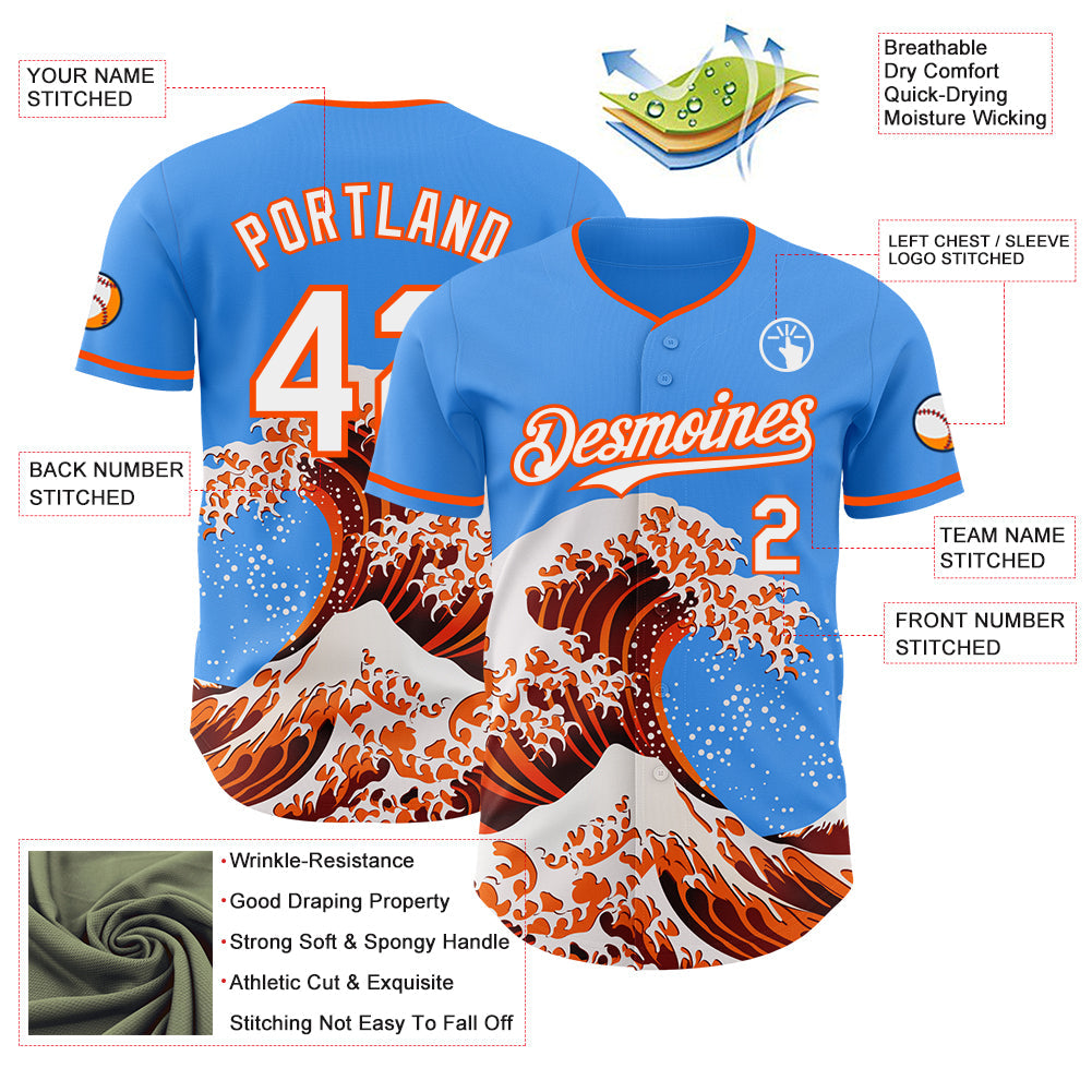 Custom Electric Blue White-Orange Japanese Wave Authentic Baseball Jersey view 4