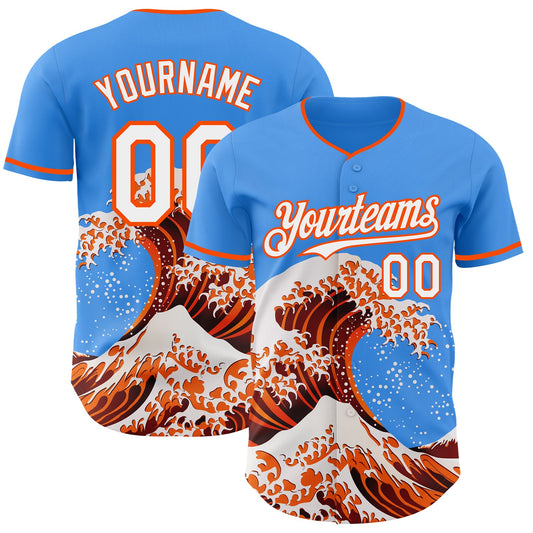 Custom Electric Blue White-Orange Japanese Wave Authentic Baseball Jersey - Main View