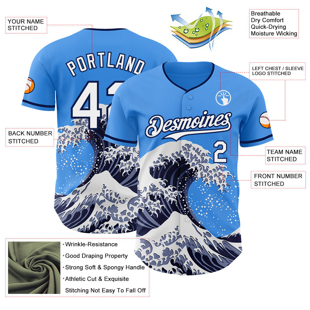 Custom Electric Blue White-Navy Japanese Wave Authentic Baseball Jersey view 4