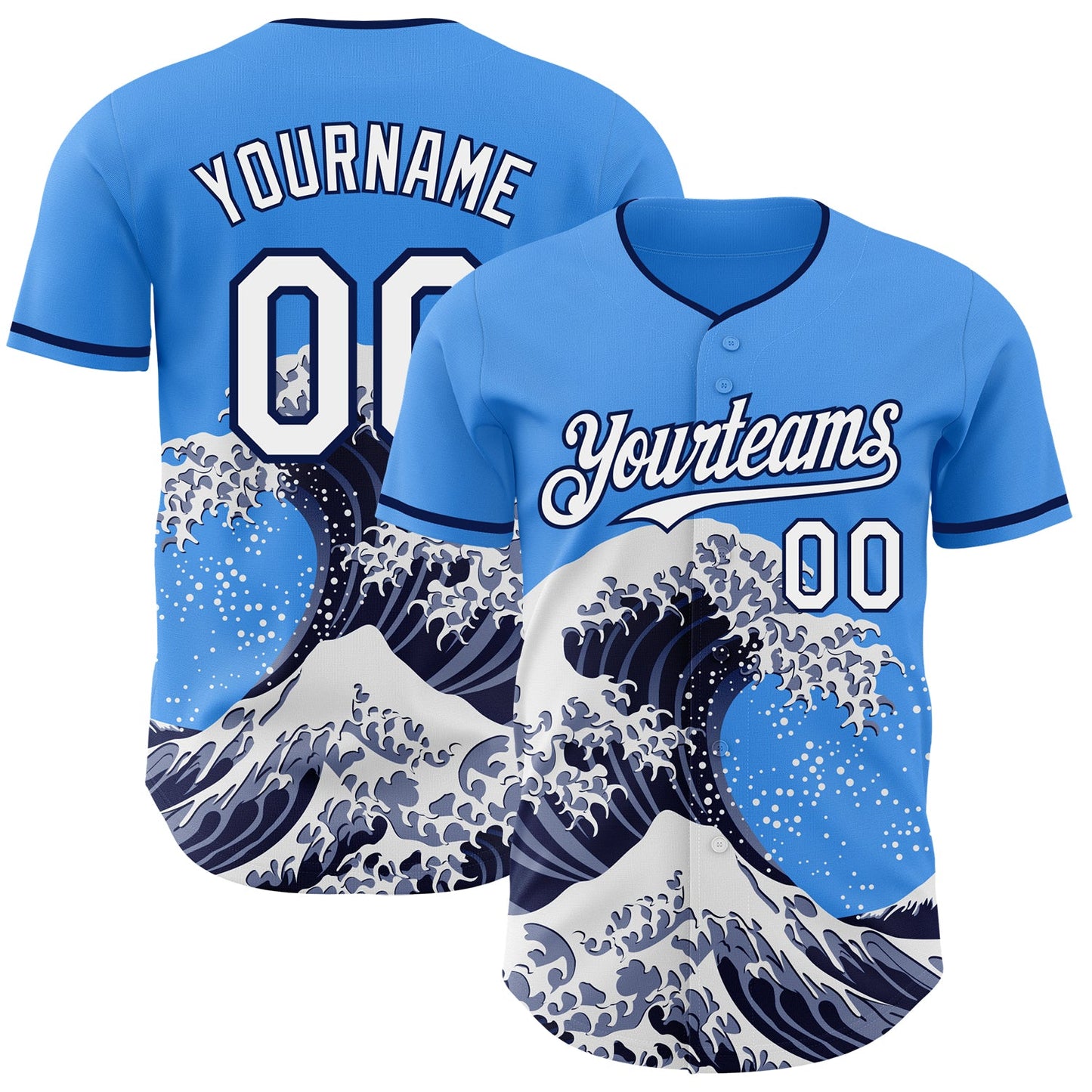 Custom Electric Blue White-Navy Japanese Wave Authentic Baseball Jersey - Main View