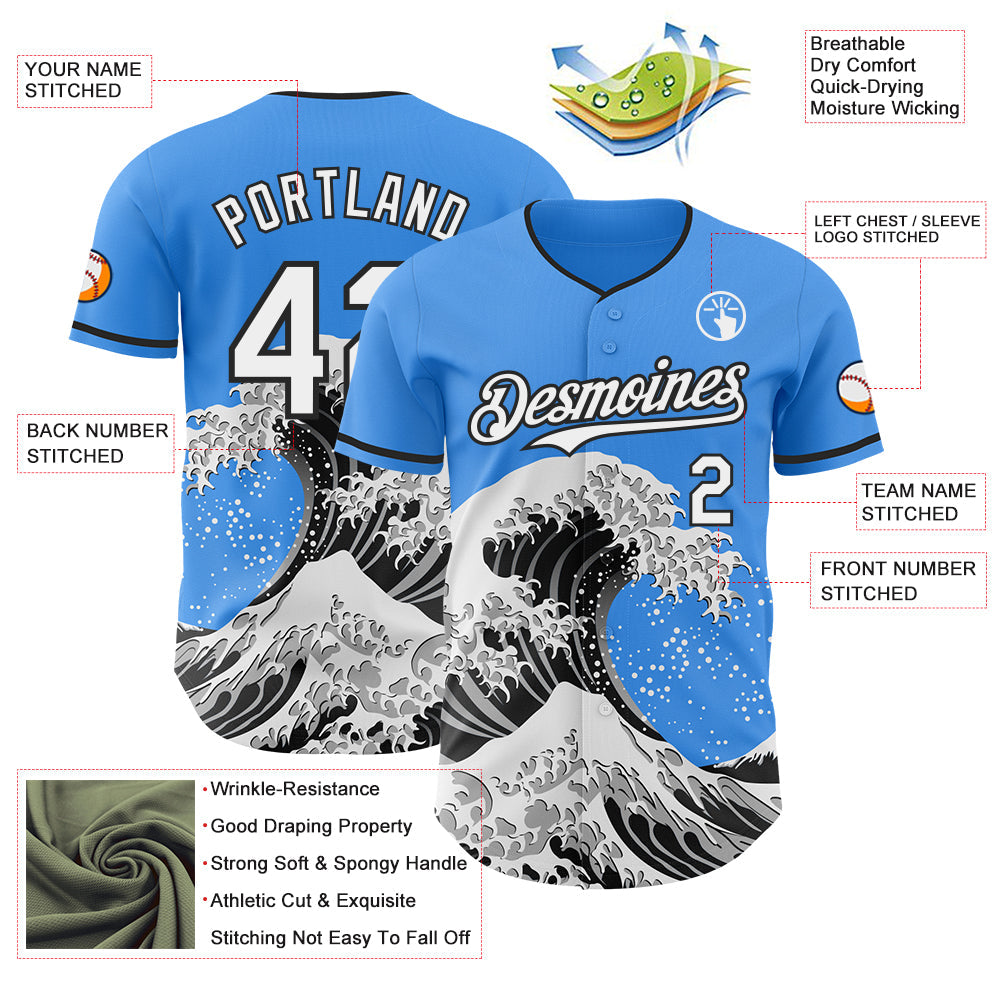Custom Electric Blue White-Black Japanese Wave Authentic Baseball Jersey view 4