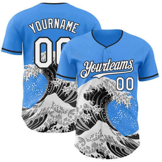 Custom Electric Blue White-Black Japanese Wave Authentic Baseball Jersey - Main View