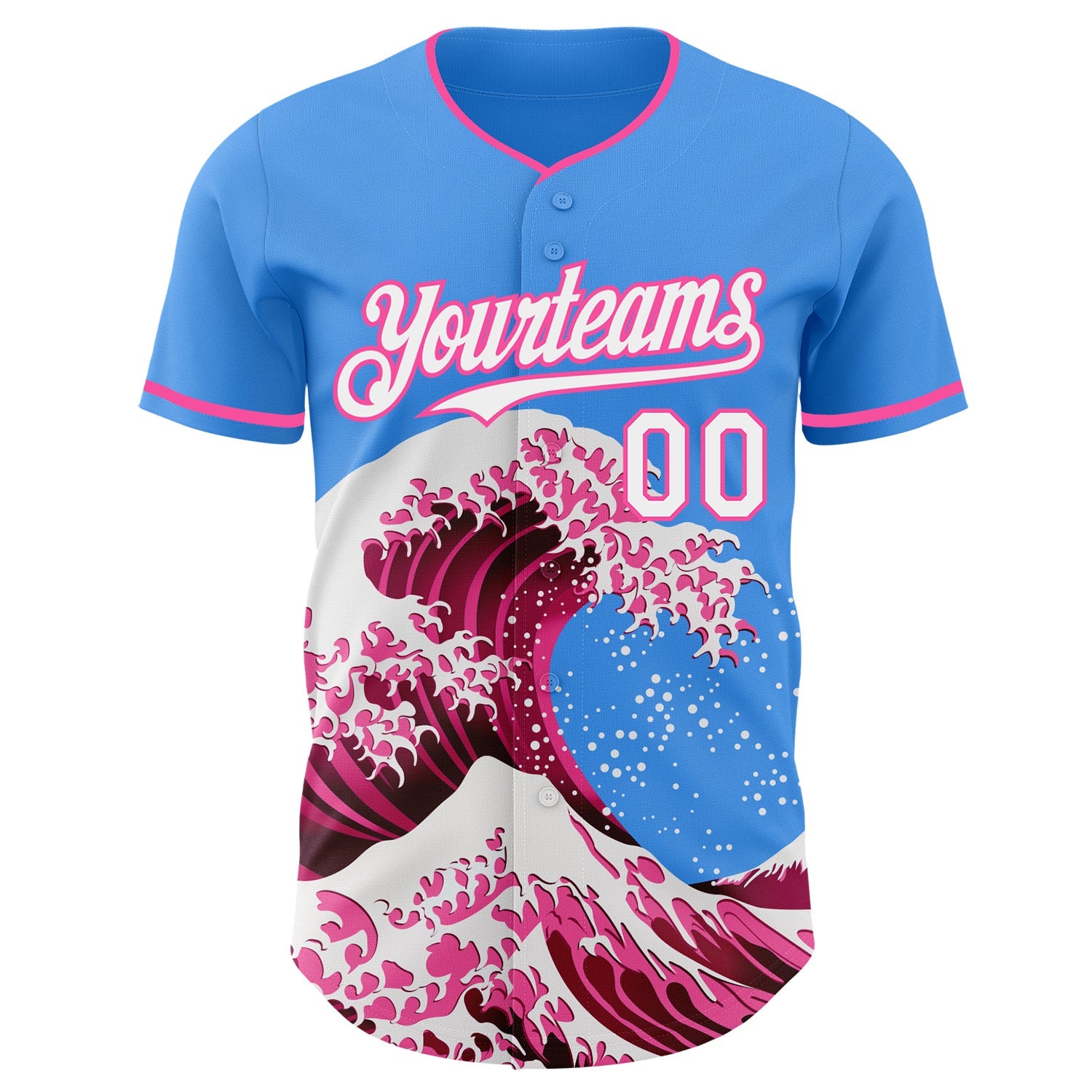 Custom Electric Blue White-Pink Japanese Wave Authentic Baseball Jersey view 3