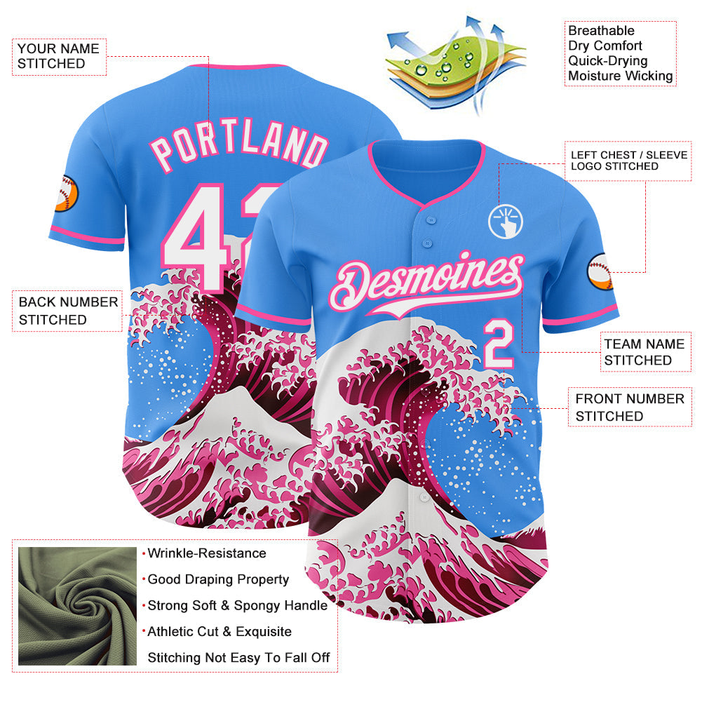 Custom Electric Blue White-Pink Japanese Wave Authentic Baseball Jersey view 4