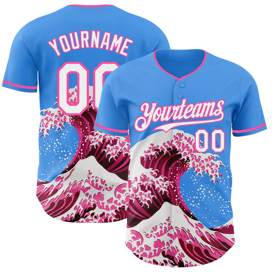 Custom Electric Blue White-Pink Japanese Wave Authentic Baseball Jersey - Main View