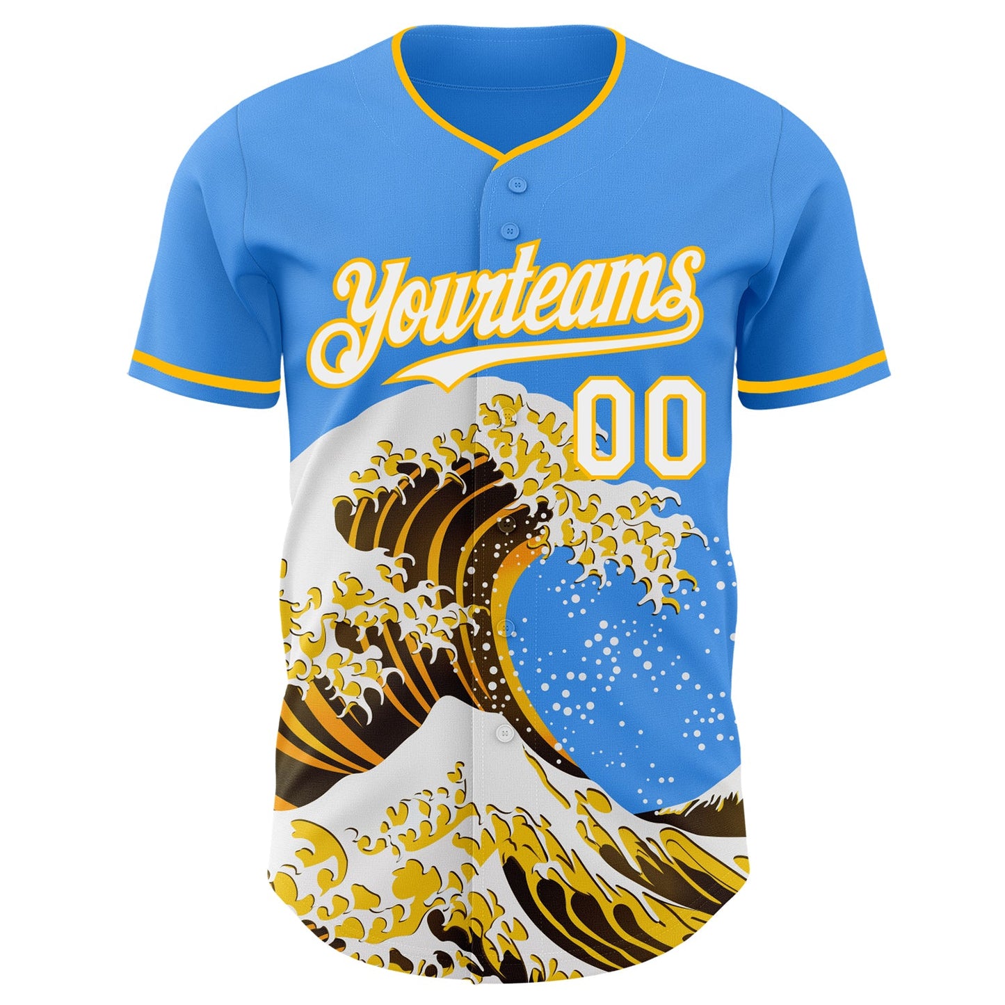 Custom Electric Blue White-Gold Japanese Wave Authentic Baseball Jersey view 3