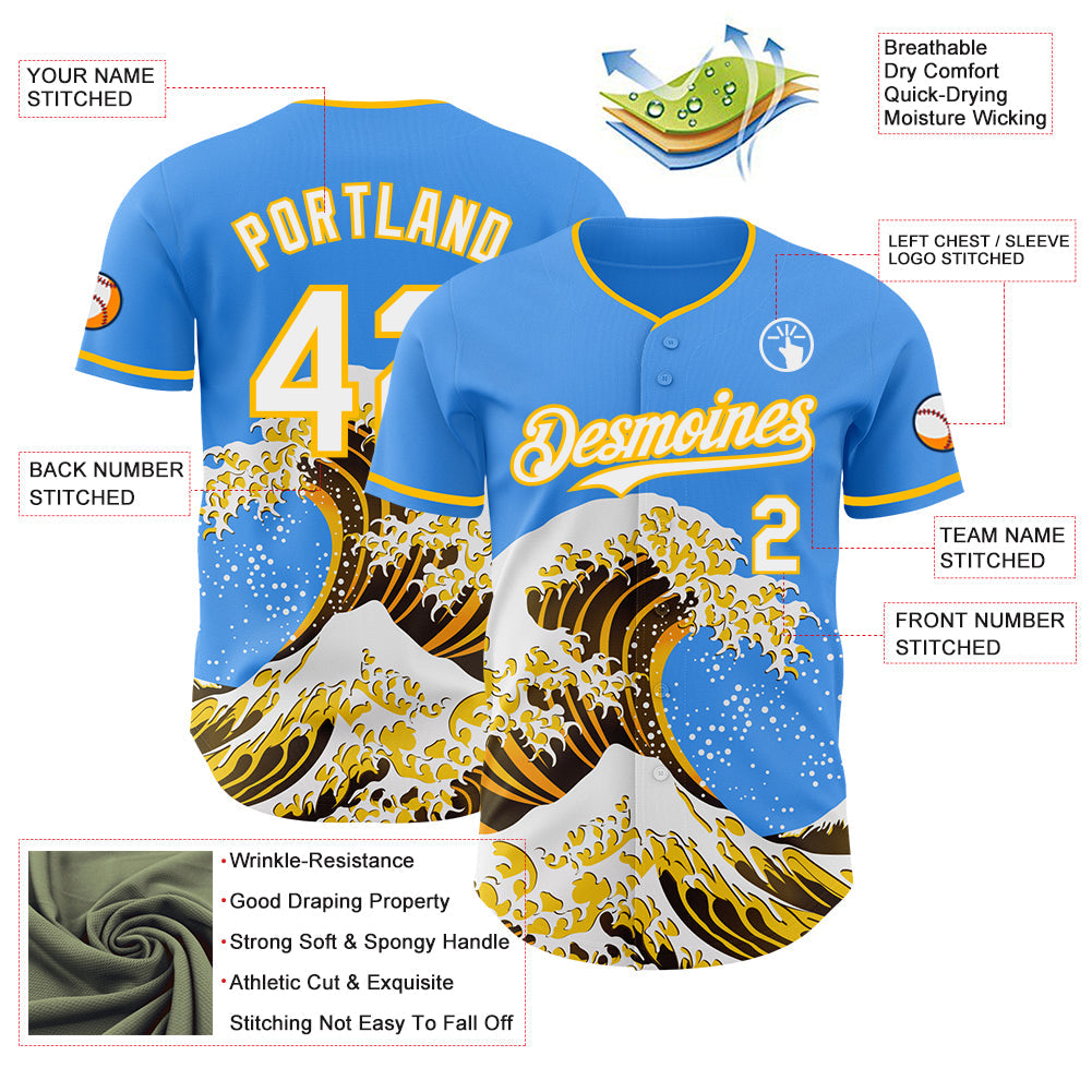 Custom Electric Blue White-Gold Japanese Wave Authentic Baseball Jersey view 4
