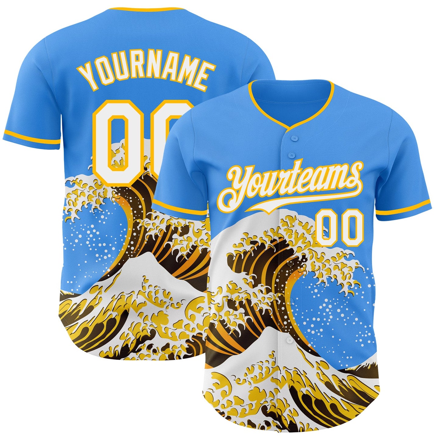 Custom Electric Blue White-Gold Japanese Wave Authentic Baseball Jersey - Main View
