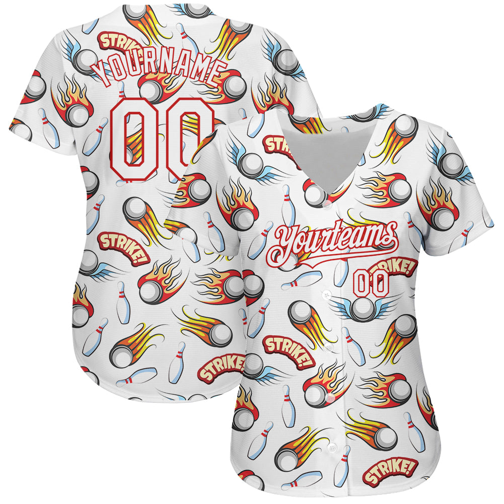 Custom White Red 3D Pattern Design Firely Bowling Authentic Baseball Jersey view 2