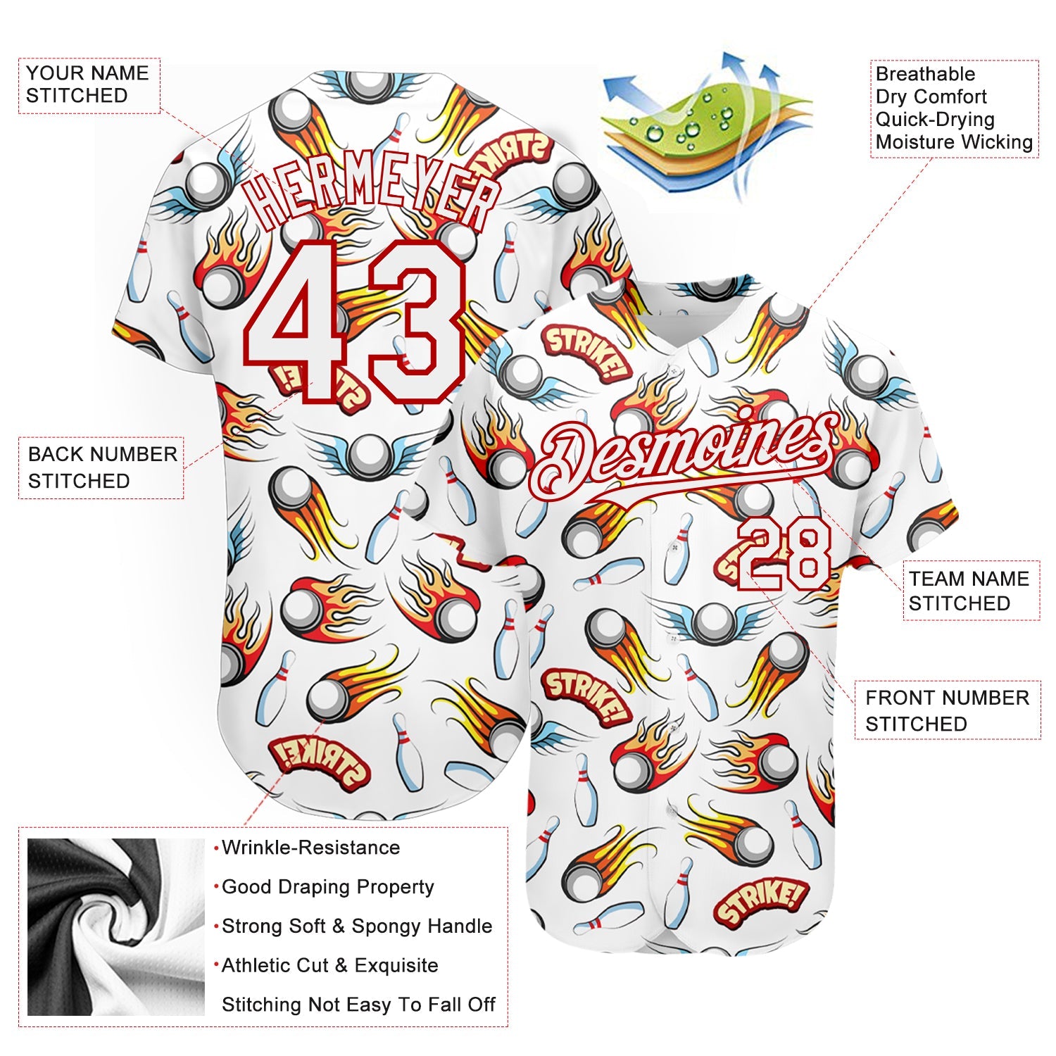 Custom White Red 3D Pattern Design Firely Bowling Authentic Baseball Jersey view 3