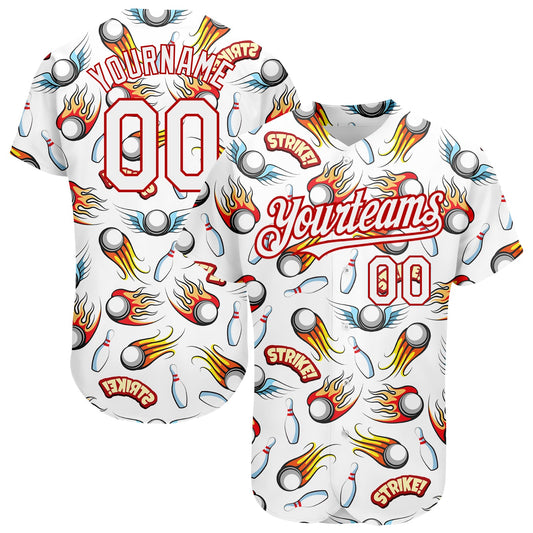 Custom White Red 3D Pattern Design Firely Bowling Authentic Baseball Jersey - Main View