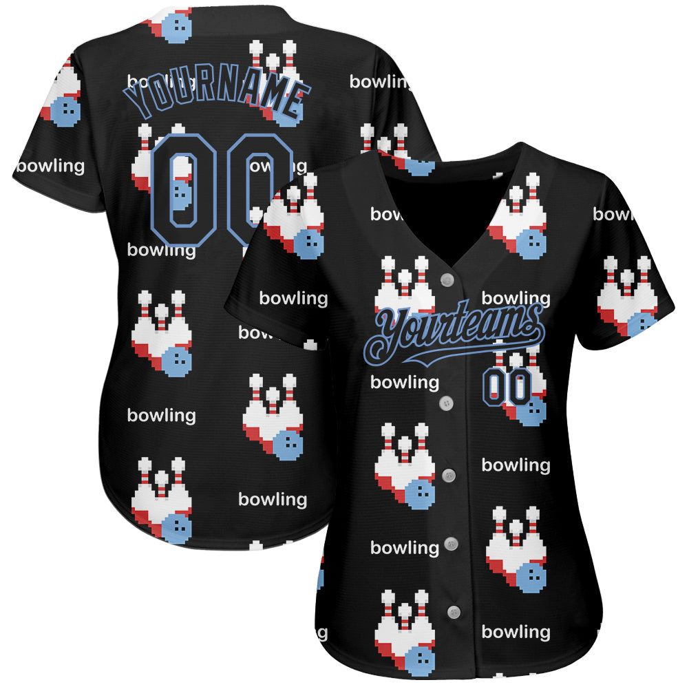 Custom Black Light Blue 3D Pattern Design Bowling Authentic Baseball Jersey view 2