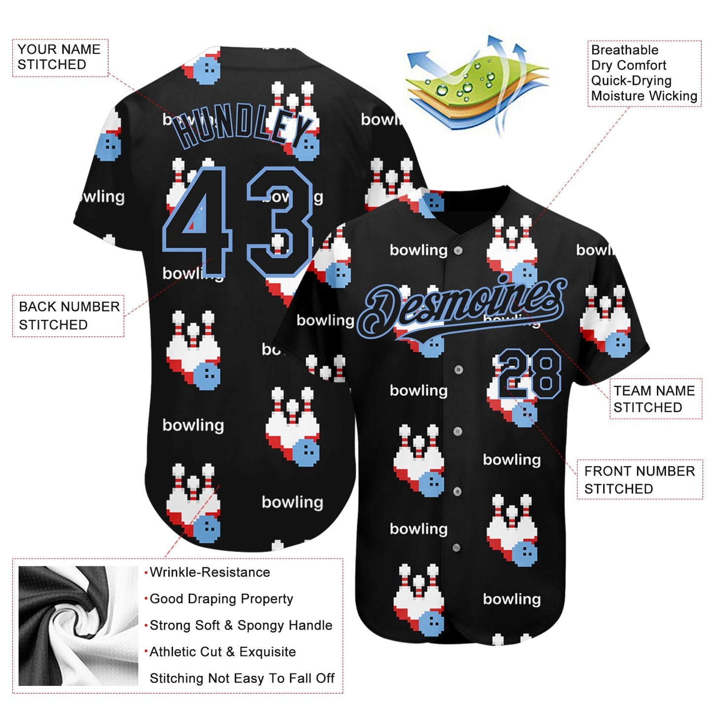 Custom Black Light Blue 3D Pattern Design Bowling Authentic Baseball Jersey view 3