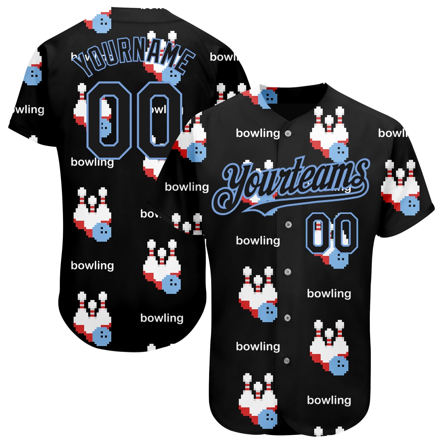 Custom Black Light Blue 3D Pattern Design Bowling Authentic Baseball Jersey - Main View