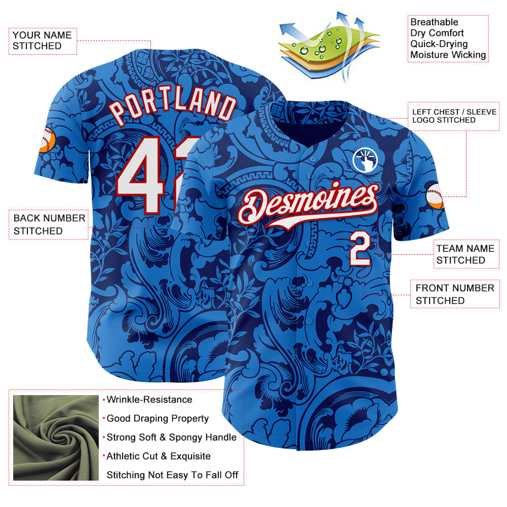 Custom Blue White-Red France Style Authentic Baseball Jersey view 3