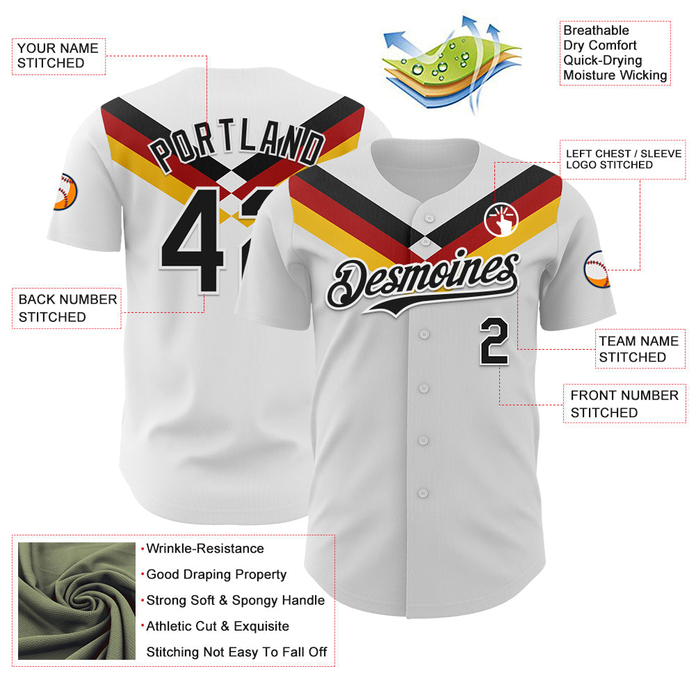 Custom White Black Red-Yellow Germany Style Authentic Baseball Jersey view 3