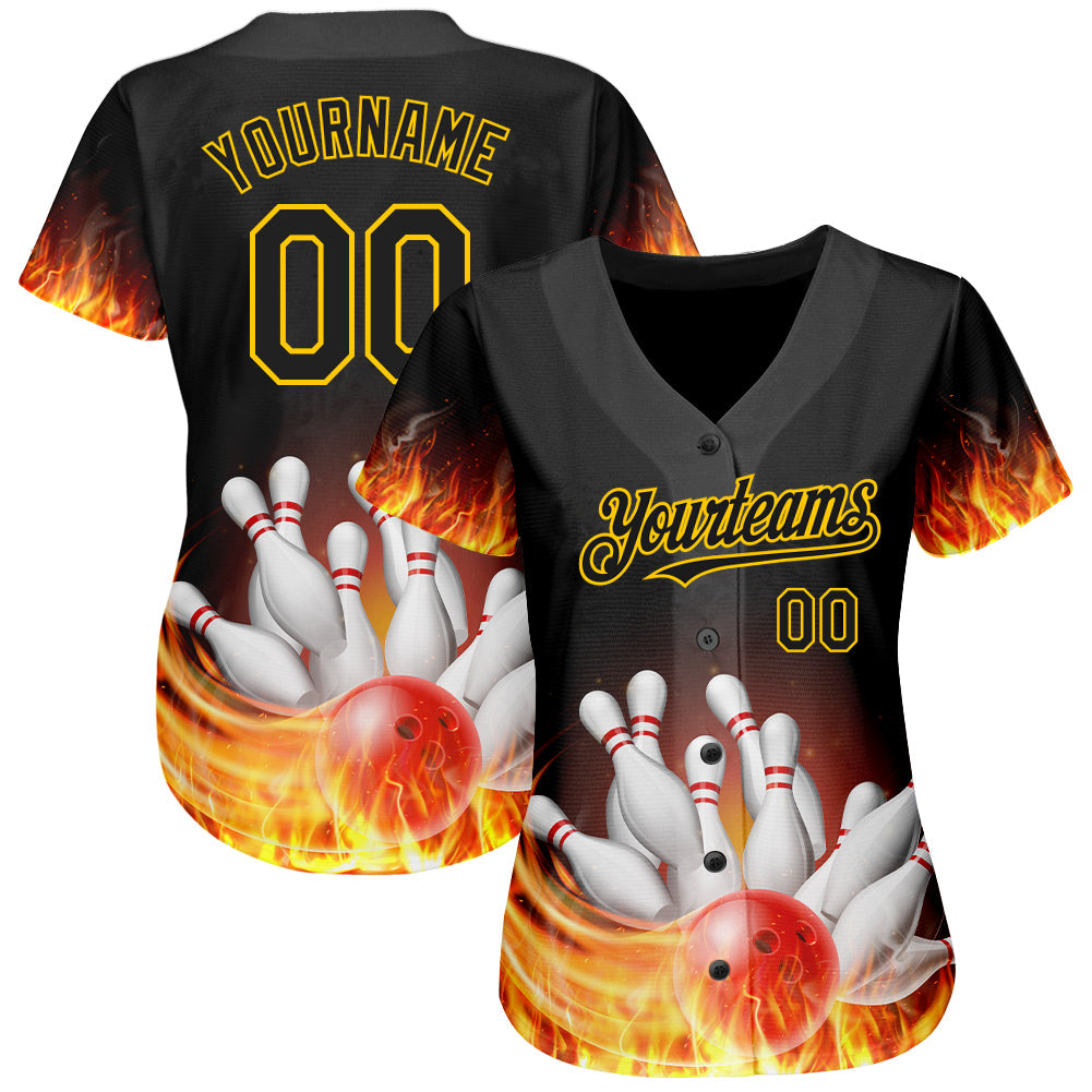Custom Black Gold 3D Pattern Design Flame Bowling Authentic Baseball Jersey view 3