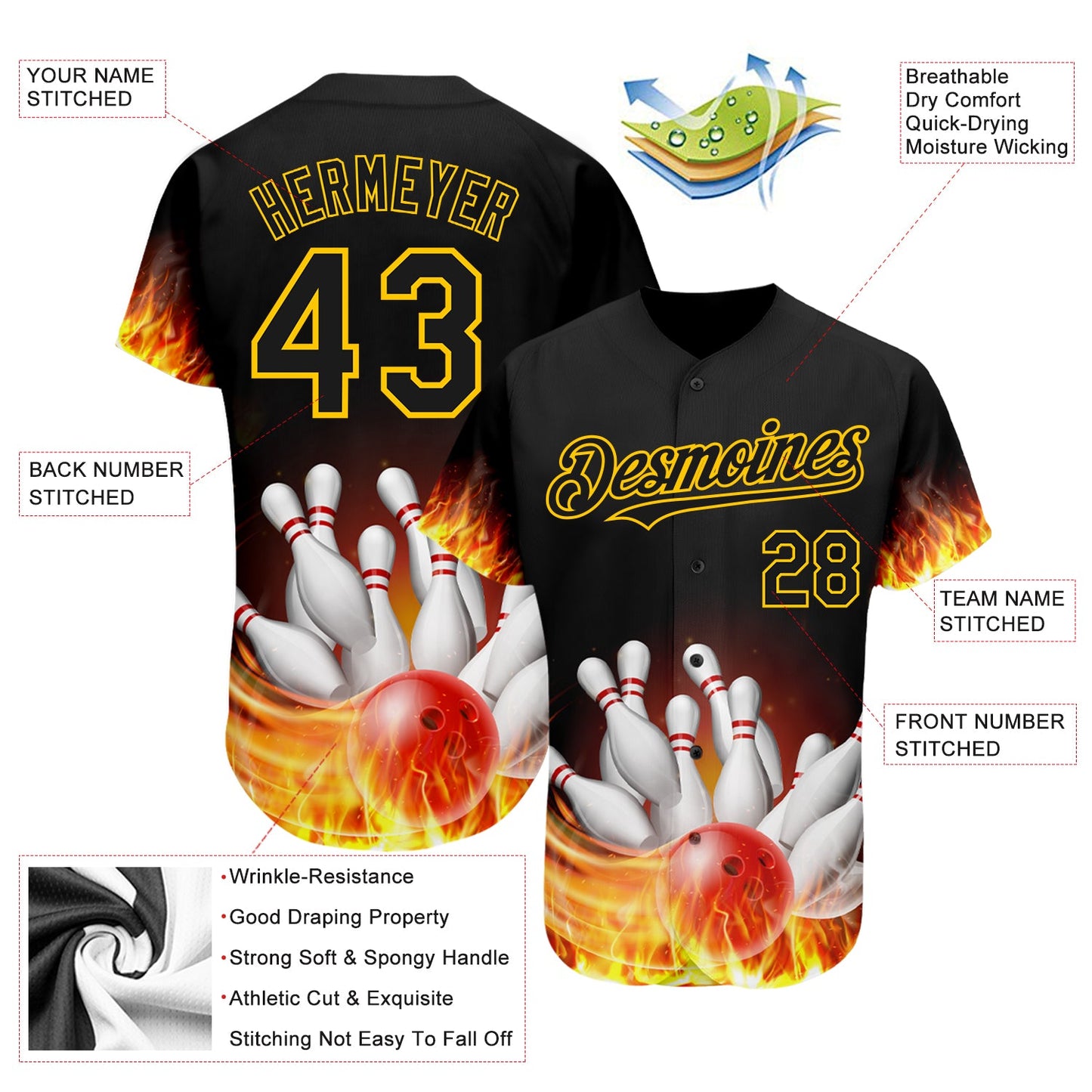 Custom Black Gold 3D Pattern Design Flame Bowling Authentic Baseball Jersey view 4