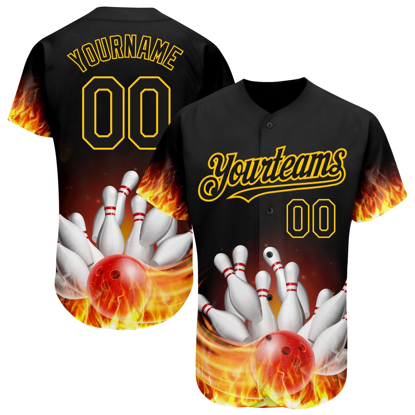 Custom Black Gold 3D Pattern Design Flame Bowling Authentic Baseball Jersey - Main View