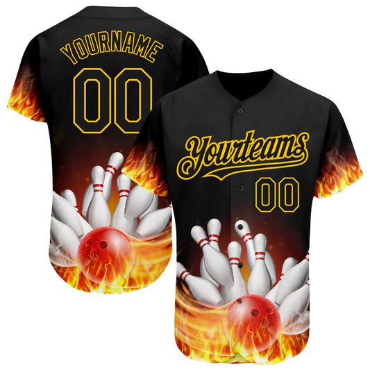 Custom Black Gold 3D Pattern Design Flame Bowling Authentic Baseball Jersey - Main View