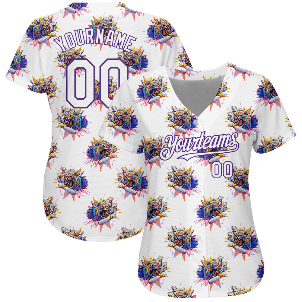 Custom White Purple 3D Pattern Design Growling Lion Among The Bowling Authentic Baseball Jersey view 2