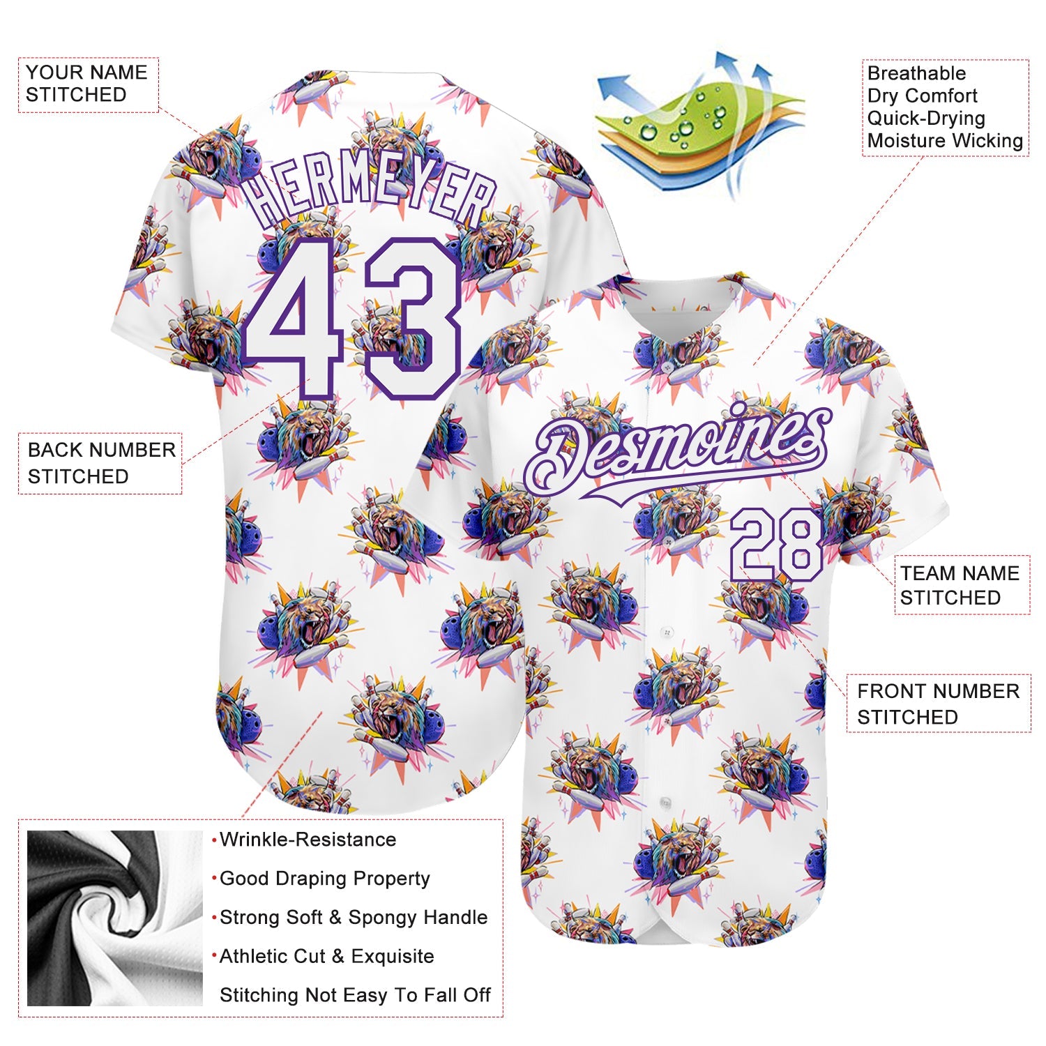Custom White Purple 3D Pattern Design Growling Lion Among The Bowling Authentic Baseball Jersey view 3