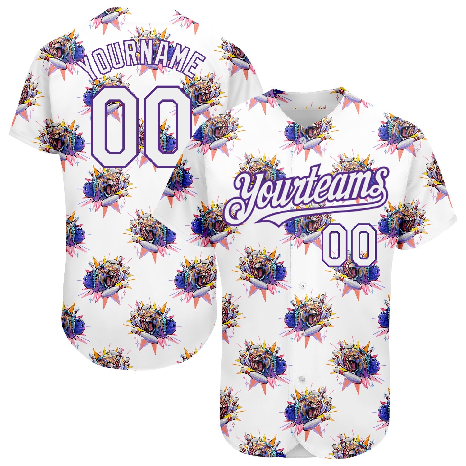 Custom White Purple 3D Pattern Design Growling Lion Among The Bowling Authentic Baseball Jersey - Main View