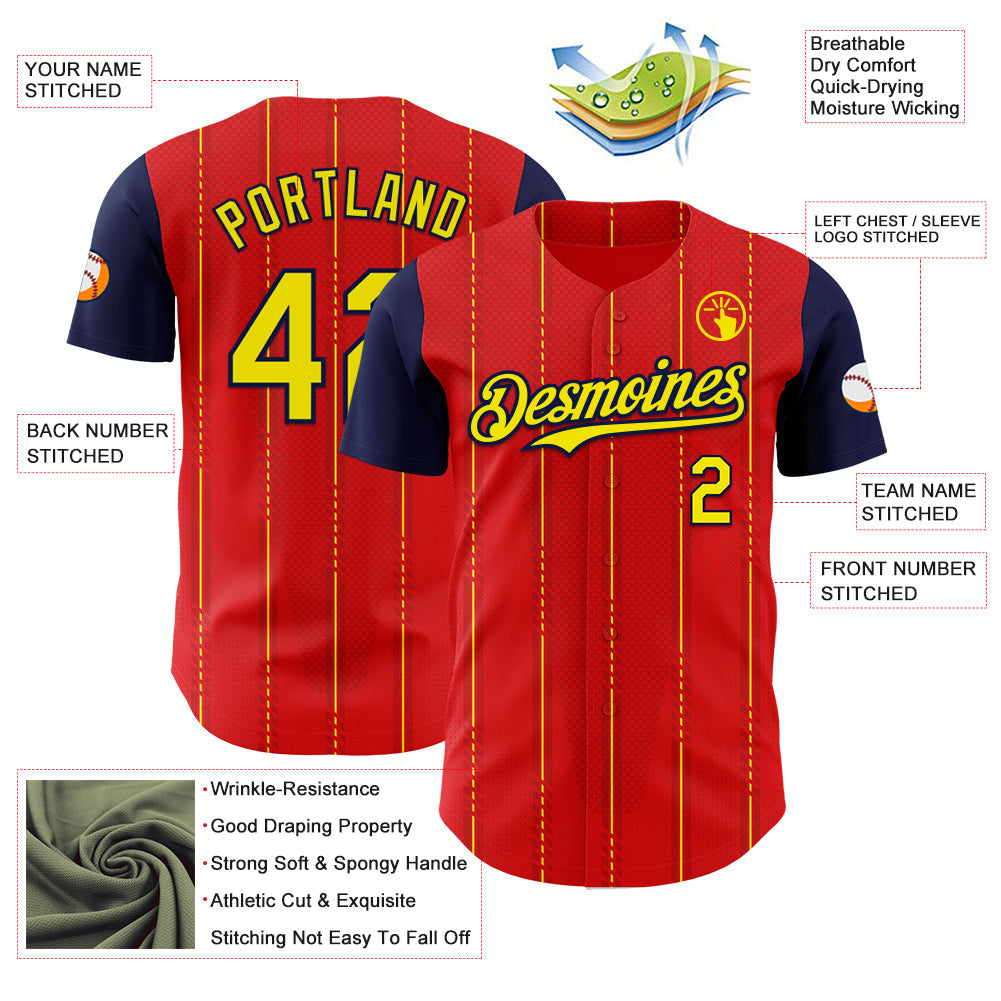 Custom Red Light Yellow-Navy Spain Style Authentic Baseball Jersey view 3