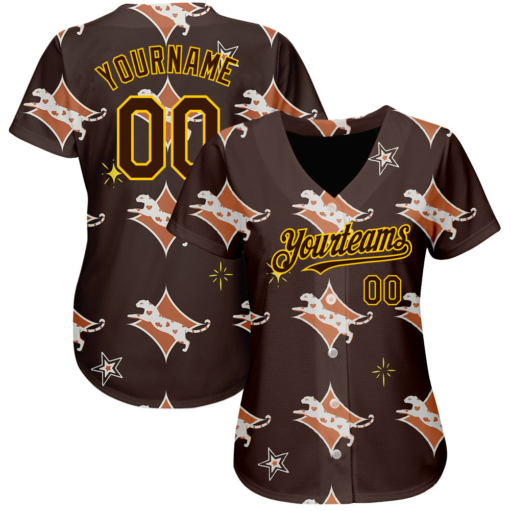 Custom Brown Yellow 3D Pattern Design Leopard Authentic Baseball Jersey view 2