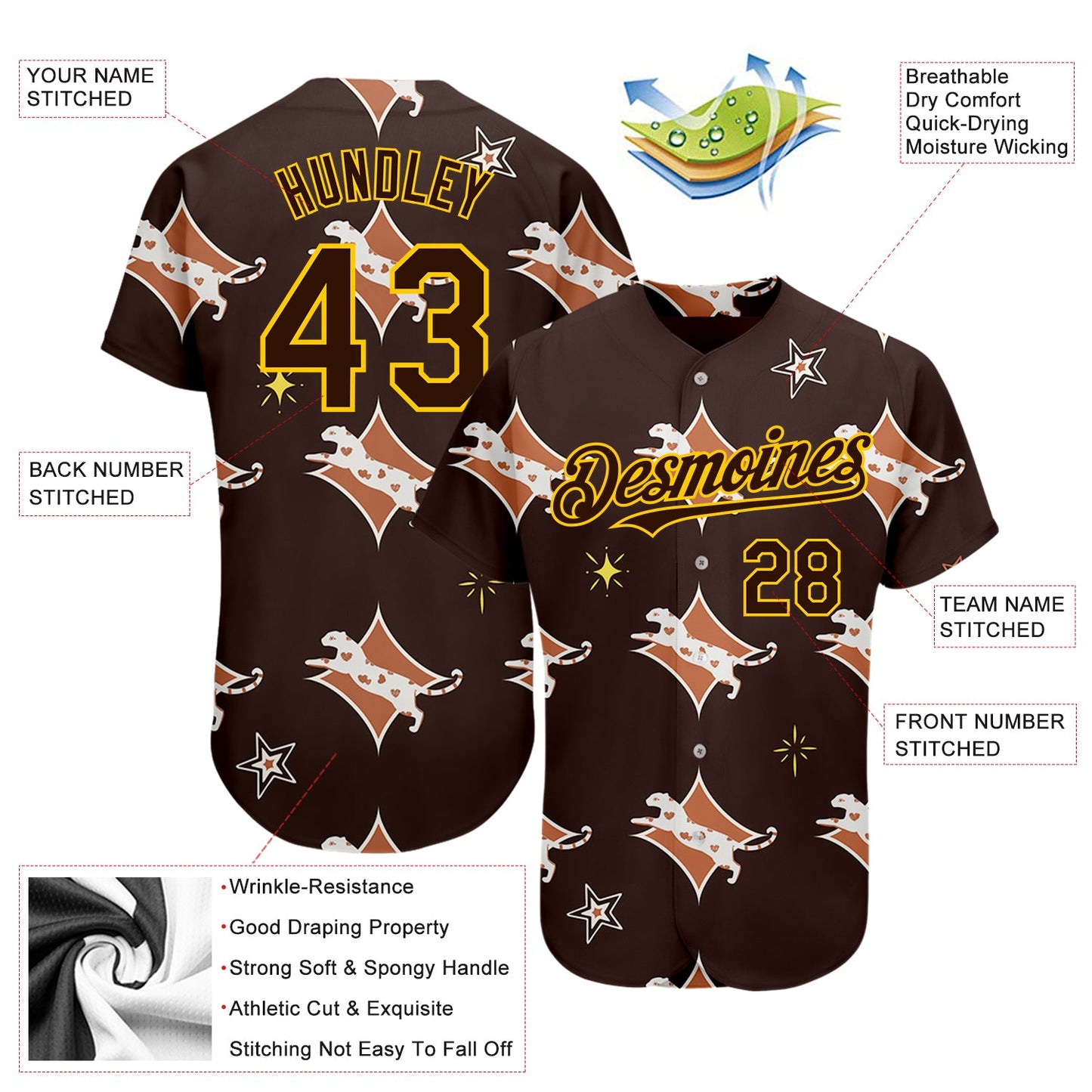 Custom Brown Yellow 3D Pattern Design Leopard Authentic Baseball Jersey view 3