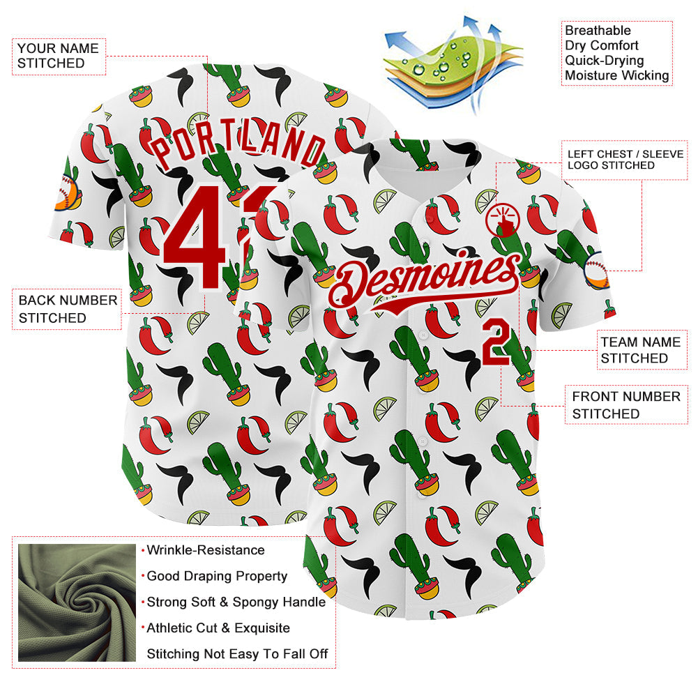 Custom White-Red Mexican Cinco de Mayo Fiesta Chili Cactus Authentic Baseball Jersey view 3