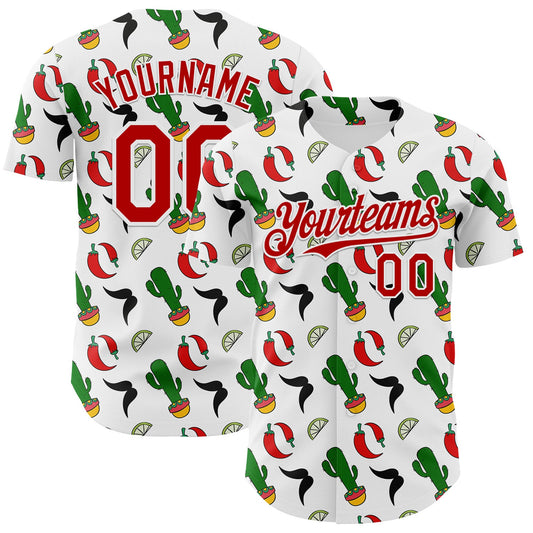 Custom White-Red Mexican Cinco de Mayo Fiesta Chili Cactus Authentic Baseball Jersey - Main View