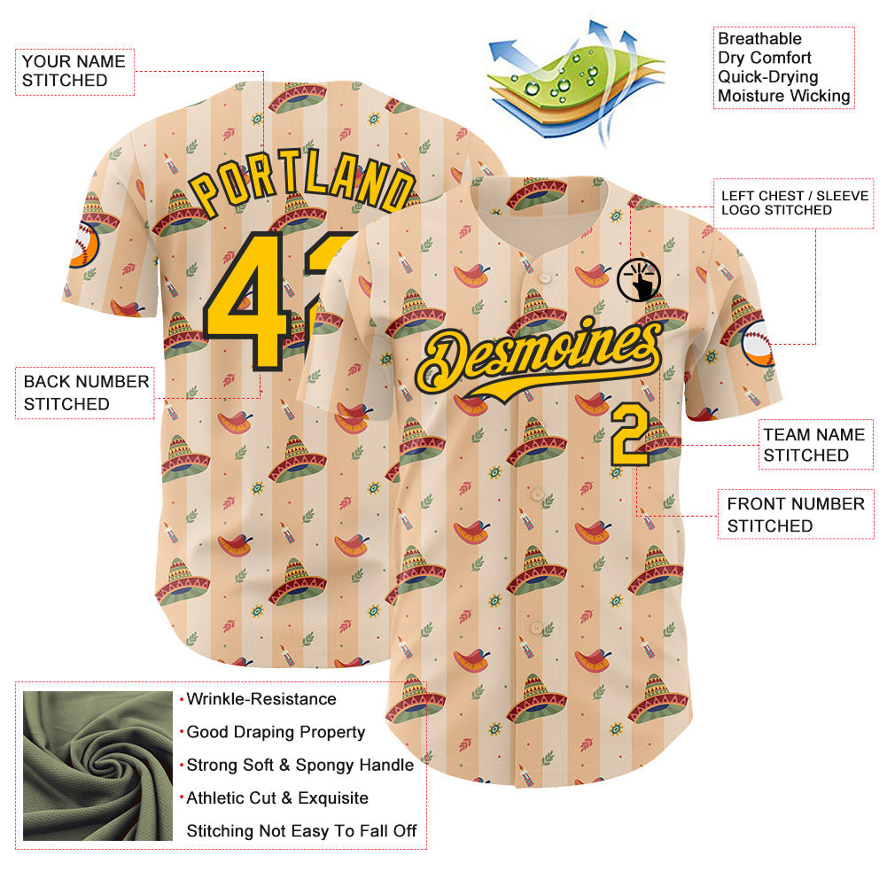 Custom Yellow-Black Cinco de Mayo Fiesta Mexican Sombrero Authentic Baseball Jersey view 3