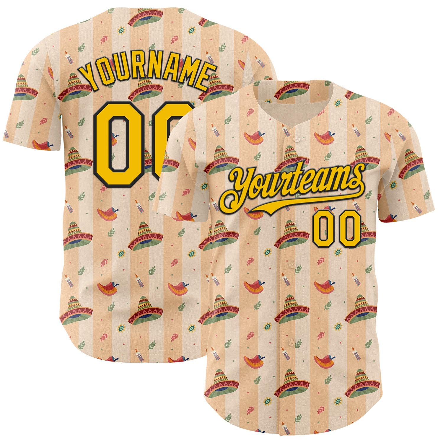 Custom Yellow-Black Cinco de Mayo Fiesta Mexican Sombrero Authentic Baseball Jersey - Main View