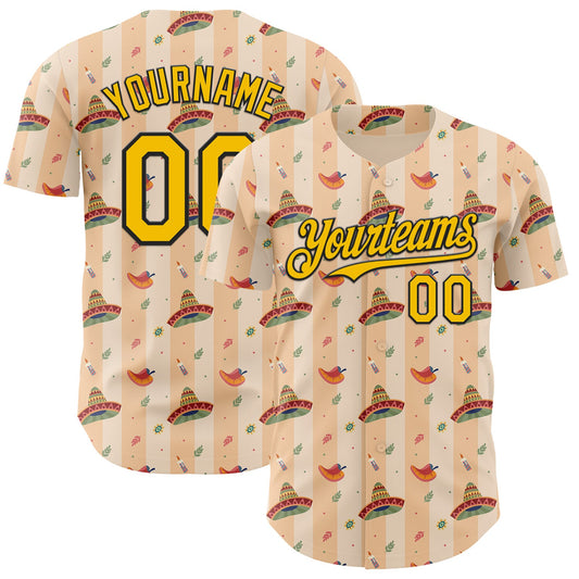 Custom Yellow-Black Cinco de Mayo Fiesta Mexican Sombrero Authentic Baseball Jersey - Main View