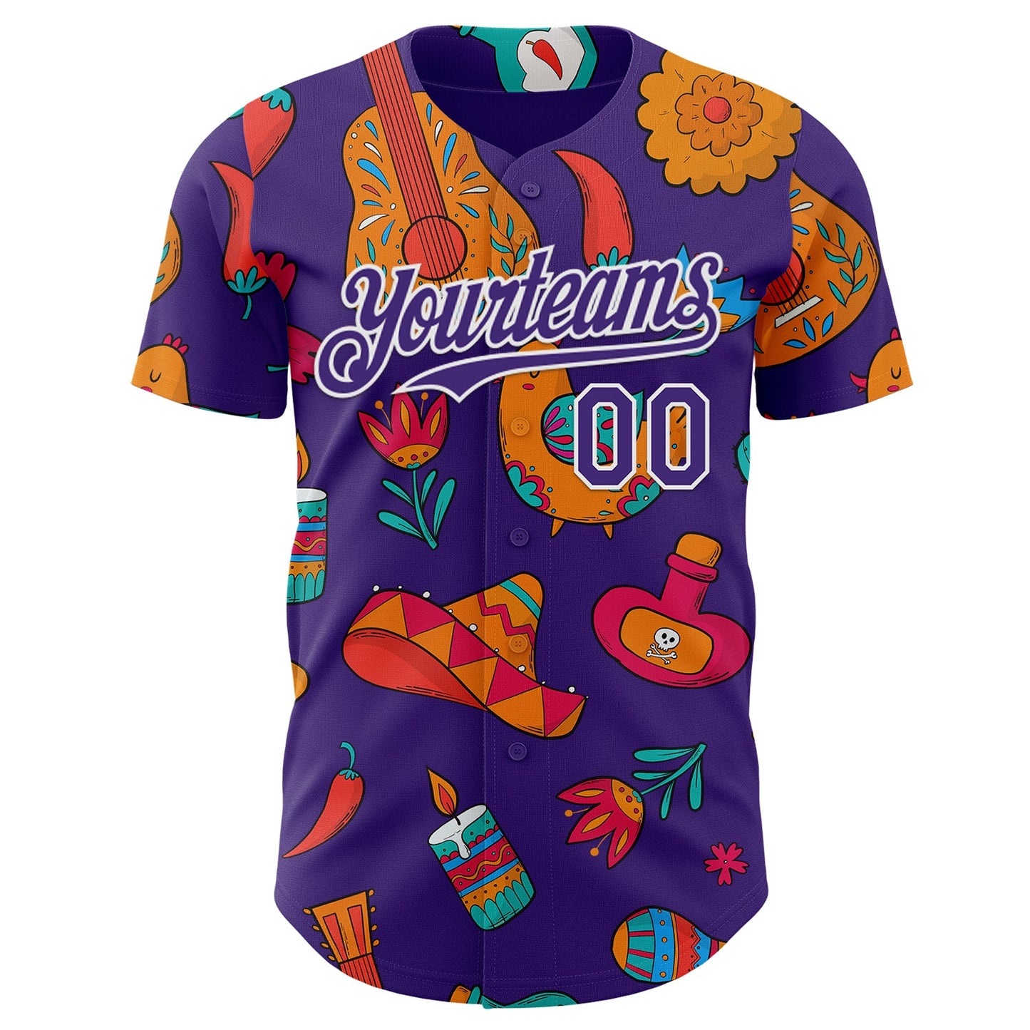Custom Purple-White Cinco de Mayo Fiesta Guitar Sombrero Mexican Folk Art Authentic Baseball Jersey view 2