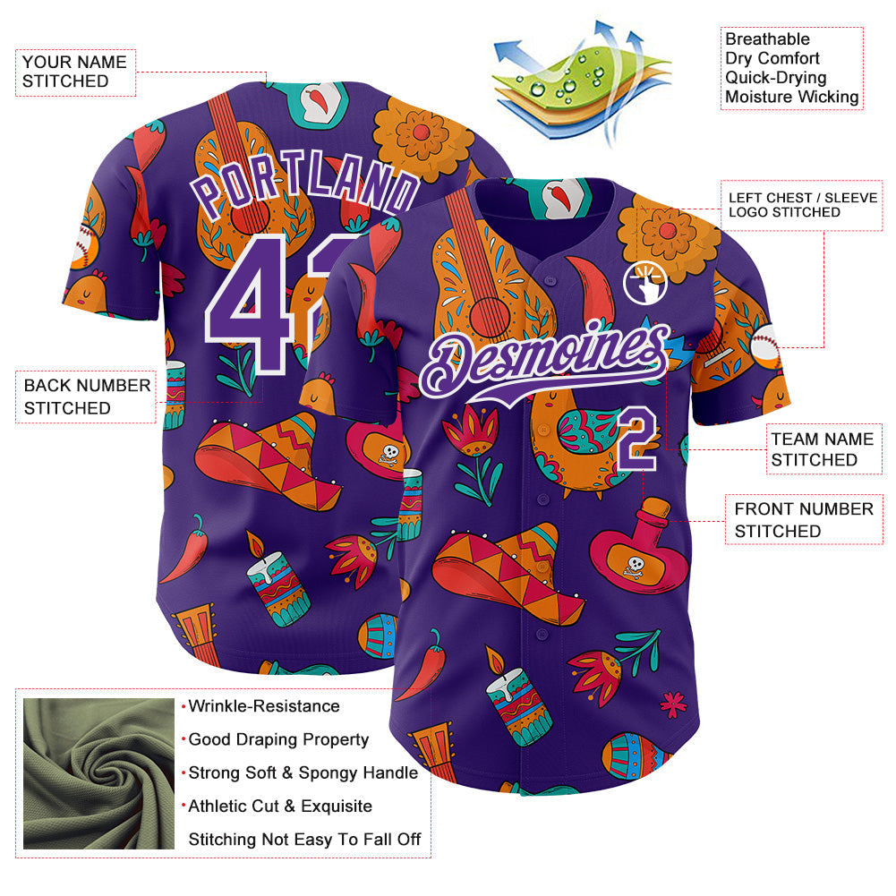Custom Purple-White Cinco de Mayo Fiesta Guitar Sombrero Mexican Folk Art Authentic Baseball Jersey view 3