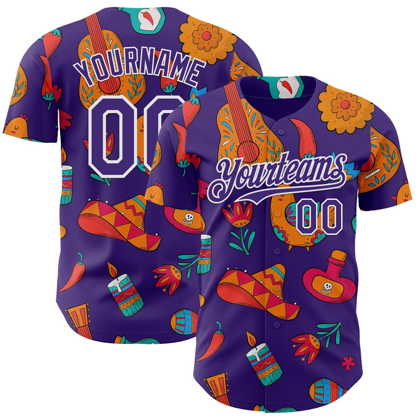 Custom Purple-White Cinco de Mayo Fiesta Guitar Sombrero Mexican Folk Art Authentic Baseball Jersey - Main View