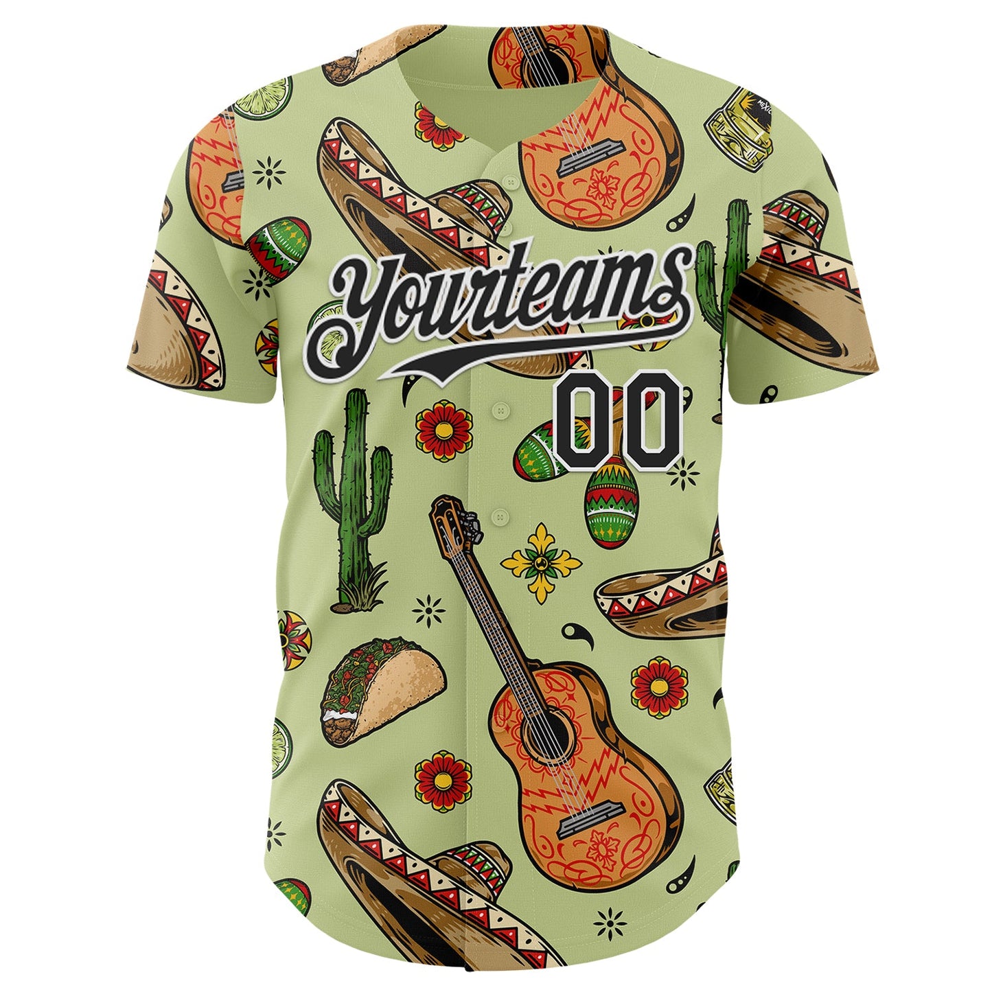 Custom Green Black-White Cinco de Mayo Fiesta Mexican Folk Art Guitar Cactus Taco Authentic Baseball Jersey view 2
