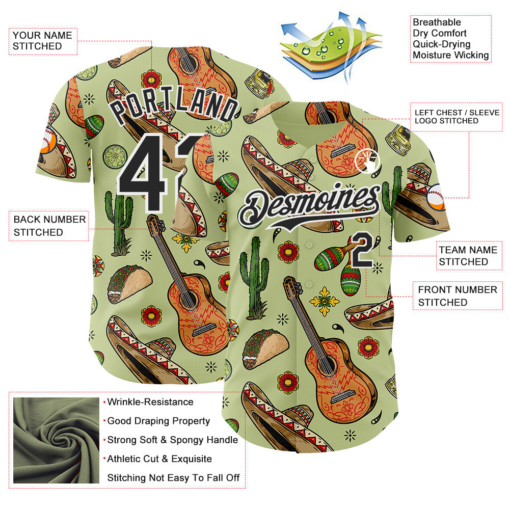Custom Green Black-White Cinco de Mayo Fiesta Mexican Folk Art Guitar Cactus Taco Authentic Baseball Jersey view 3