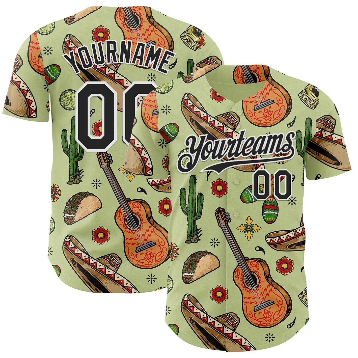 Custom Green Black-White Cinco de Mayo Fiesta Mexican Folk Art Guitar Cactus Taco Authentic Baseball Jersey - Main View