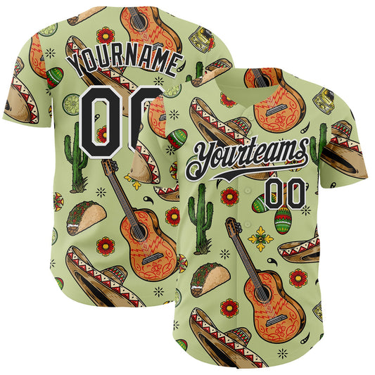 Custom Green Black-White Cinco de Mayo Fiesta Mexican Folk Art Guitar Cactus Taco Authentic Baseball Jersey - Main View