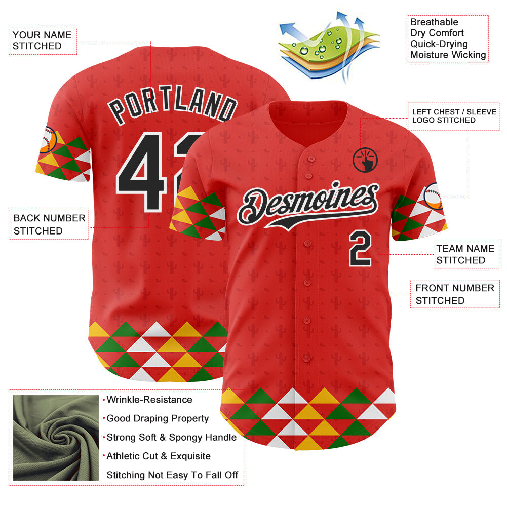 Custom Red Black-White Cinco de Mayo Fiesta Cactus Authentic Baseball Jersey view 3