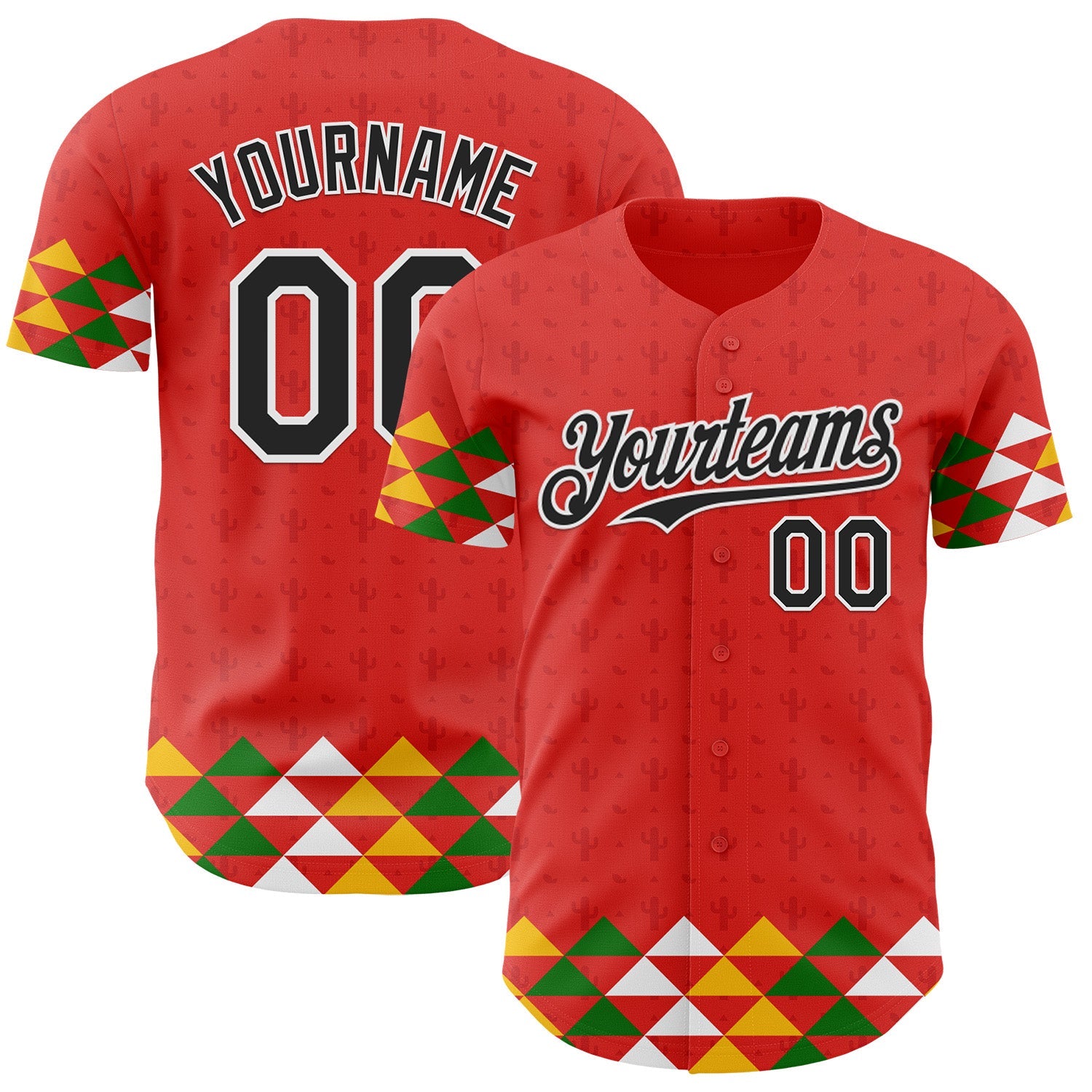 Custom Red Black-White Cinco de Mayo Fiesta Cactus Authentic Baseball Jersey - Main View