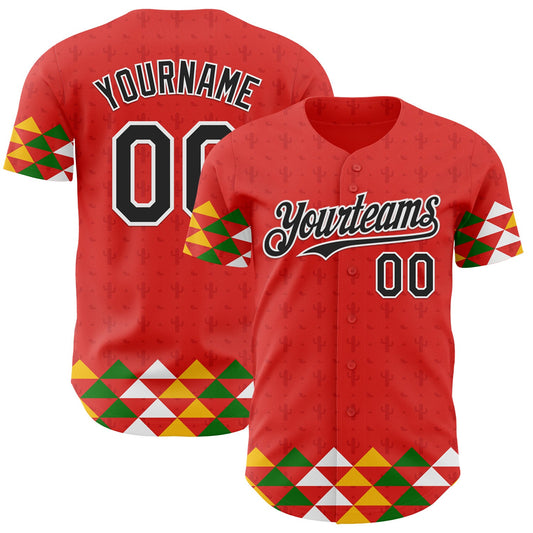 Custom Red Black-White Cinco de Mayo Fiesta Cactus Authentic Baseball Jersey - Main View
