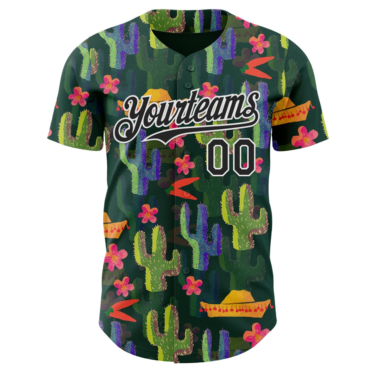 Custom Green Black-White Cinco de Mayo Sombrero Mexican Cactus Authentic Baseball Jersey view 2