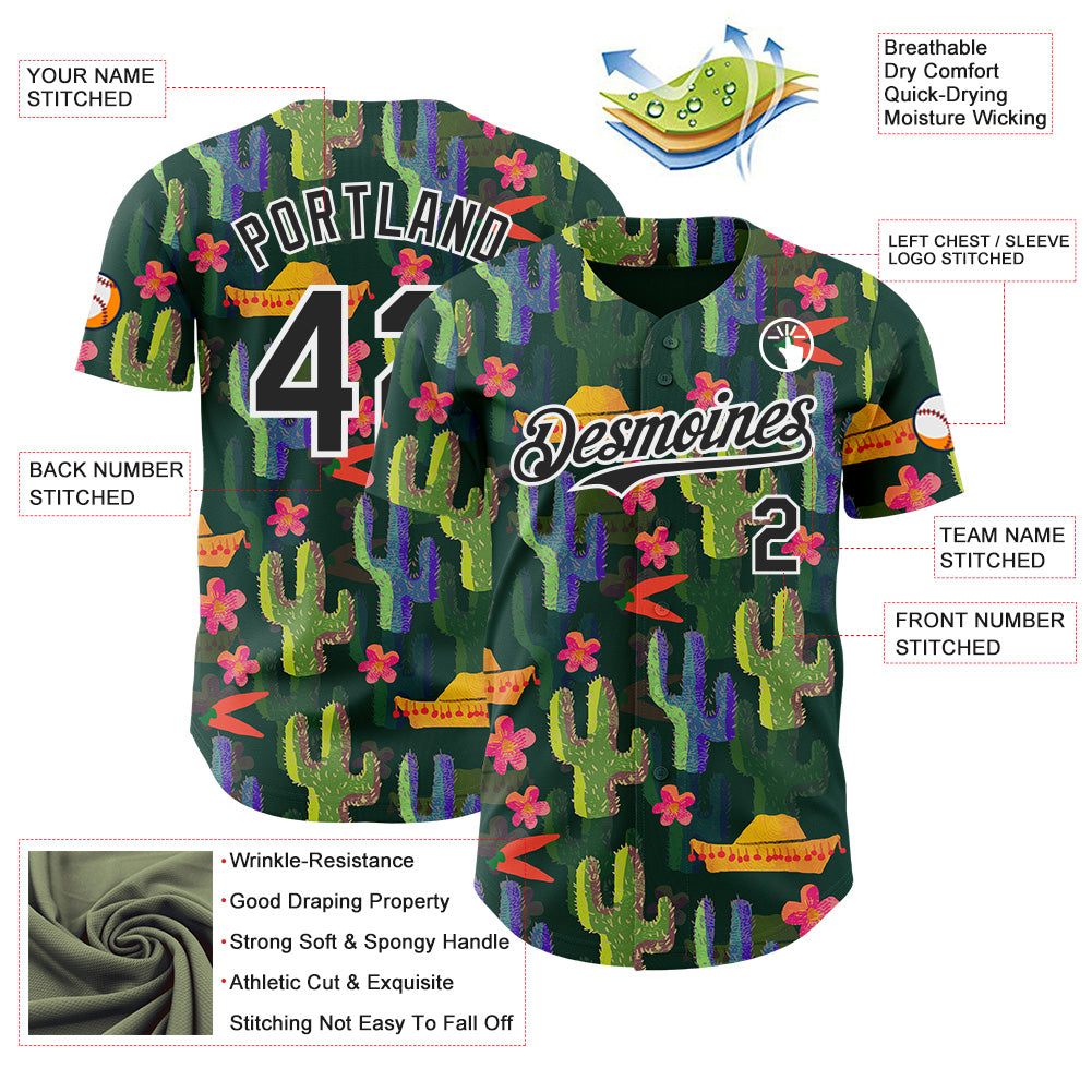 Custom Green Black-White Cinco de Mayo Sombrero Mexican Cactus Authentic Baseball Jersey view 3