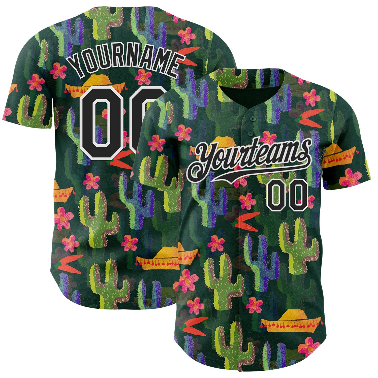 Custom Green Black-White Cinco de Mayo Sombrero Mexican Cactus Authentic Baseball Jersey - Main View
